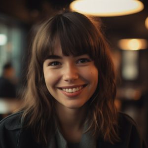 profile photo of a woman, Evie, the owner of Wander and Dream. The woman has dark hair and is smiling at the camera, sitting in a cafe